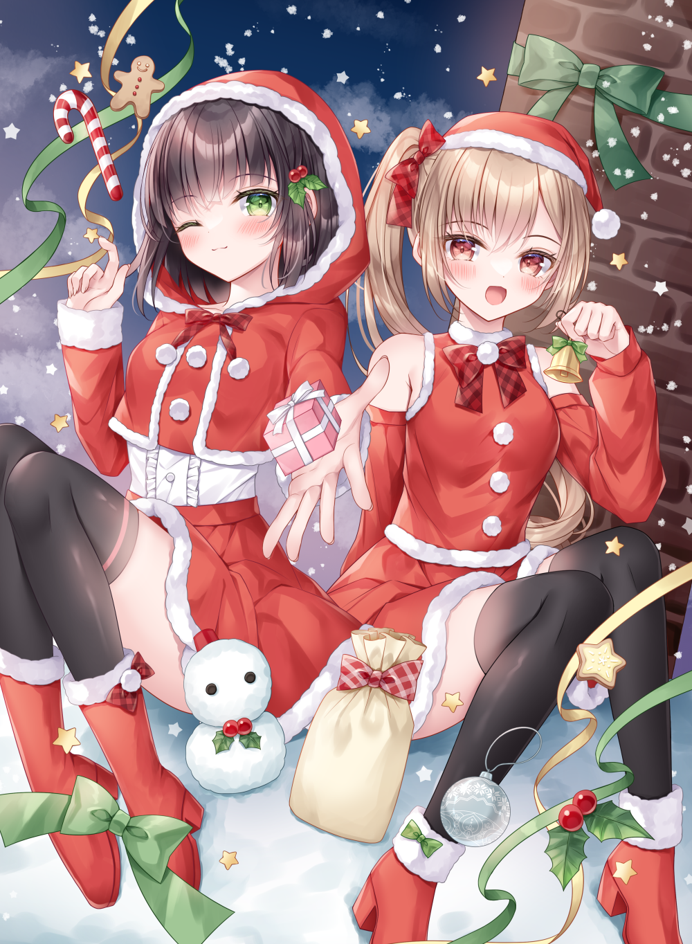 2girls, :d, ;), bare_shoulders, bell, black_hair, black_thighhighs, blush