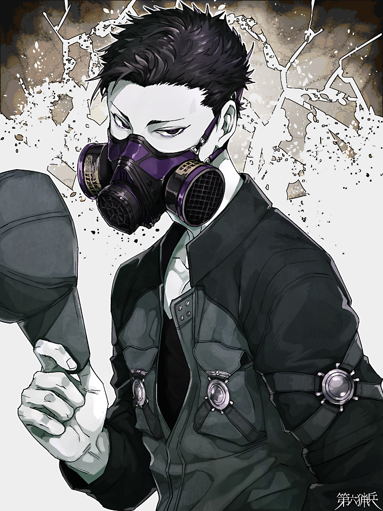 1boy, black_eyes, black_hair, copyright_name, dairoku_ryouhei, gas_mask, hat, holding