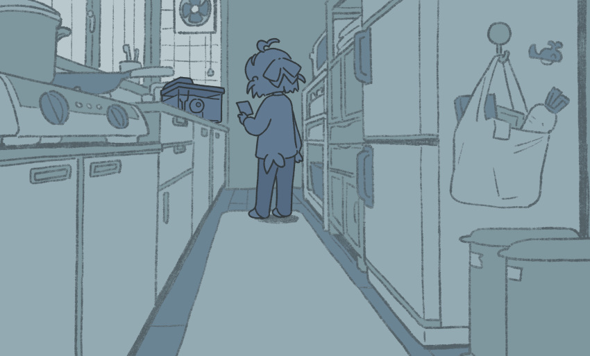 1girl, ahoge, bag, blunt_ends, bow, box, carrot, commentary_request, cooking_pot, cyclops, facing_away, fish_tank, frying_pan, grocery_bag, hair_bow, hairband, highres, holding, indoors, kitchen, long_sleeves, momone_chinoi, monochrome, muji_(uimss), note, one-eyed, pants, reading, refrigerator, sayonara_yuurei_mujingai, shirt, shopping_bag, short_hair, solo, standing, stove, tied_shirt, trash_can, umya_(character), wooden_floor