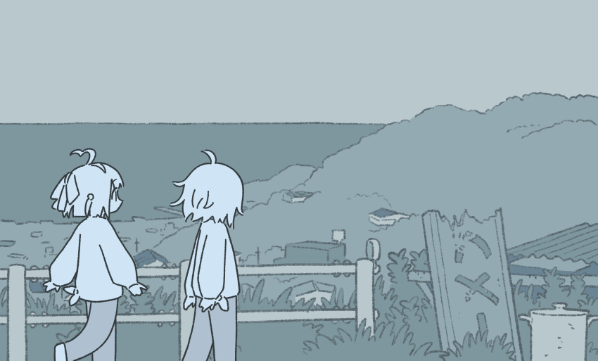 2girls, ahoge, arms_at_sides, blunt_ends, bow, bush, cooking_pot, expressionless, facing_away, feet_out_of_frame, from_behind, guard_rail, hair_bow, hairband, hiasane, highres, horizon, long_sleeves, momone_chinoi, monochrome, muji_(uimss), multiple_girls, ocean, outdoors, pants, profile, sayonara_yuurei_mujingai, scenery, shirt, short_hair, sign, tied_shirt, town, walking, wide_shot