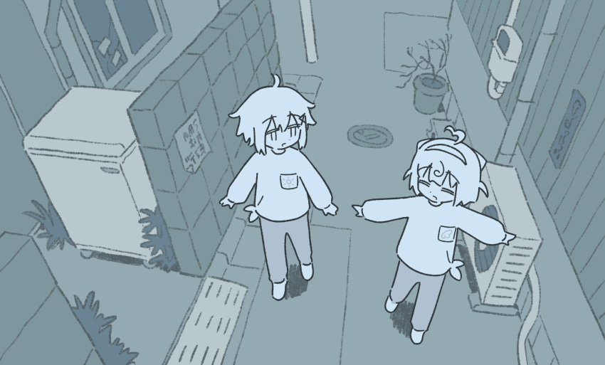 2girls, ahoge, air_conditioner, alley, breast_pocket, closed_eyes, commentary_request, from_above, hair_ornament, hairband, hairclip, half-closed_eyes, hiasane, highres, industrial_pipe, long_sleeves, manhole_cover, momone_chinoi, monochrome, muji_(uimss), multiple_girls, open_mouth, outdoors, outstretched_arms, pants, pocket, raised_eyebrows, sayonara_yuurei_mujingai, shirt, short_hair, smile, spread_arms, tied_shirt, walking, wide_shot