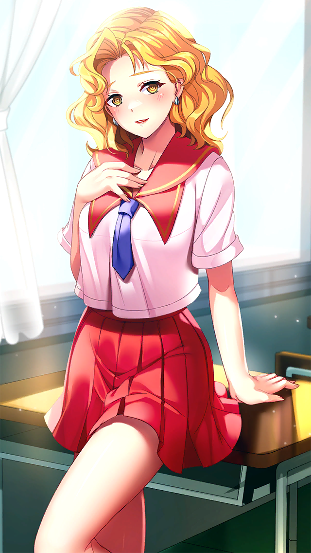 1girl, backlighting, blonde_hair, blush, classroom, collarbone, curly_hair, desk
