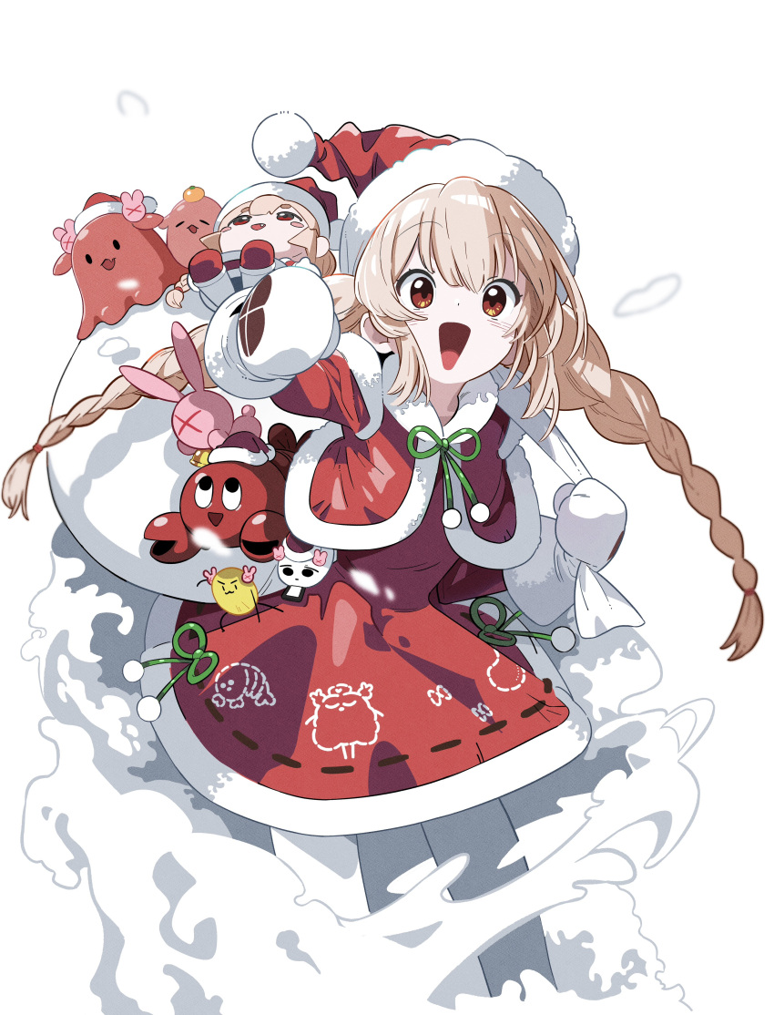 1girl, absurdres, braid, brown_hair, christmas, dress, hat, highres