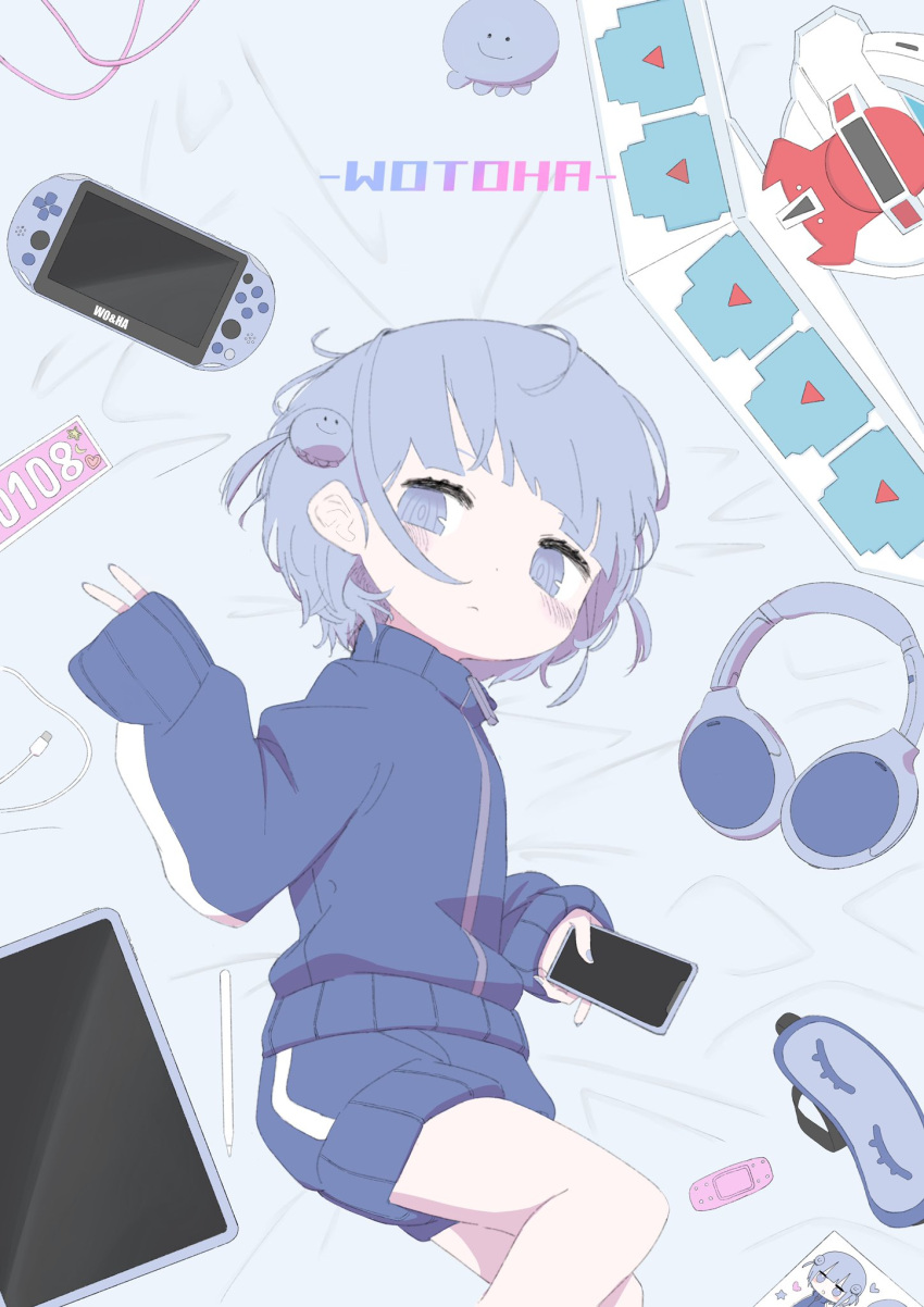 1girl, blue_eyes, blue_jacket, blue_nails, blue_shorts, blush, character_name, closed_mouth