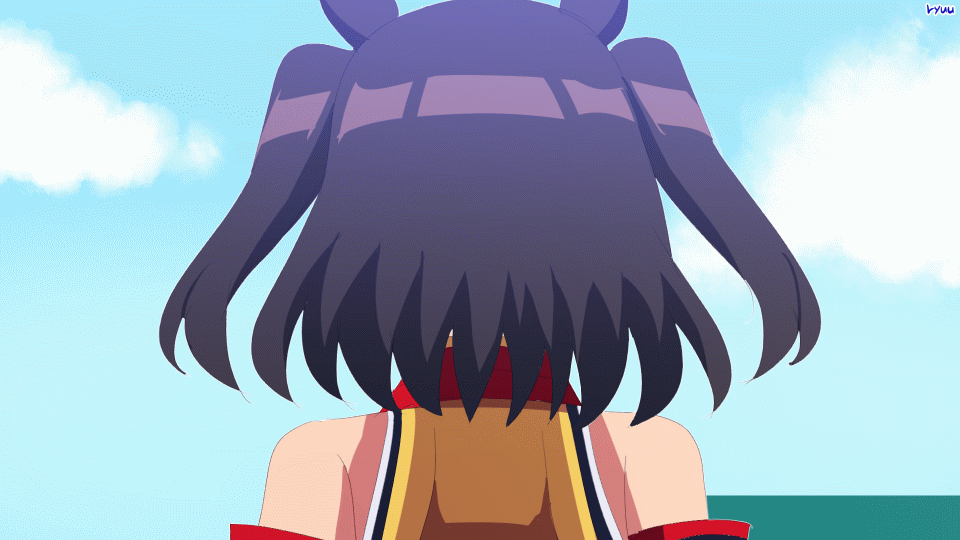 2girls, animal_ears, animated, animated_gif, ascot, bare_shoulders, black_hair, blue_eyes, cheval_grand_(umamusume), closed_eyes, closed_mouth, commentary_request, detached_sleeves, ear_covers, ear_ornament, hair_between_eyes, horse_ears, horse_girl, jacket, kitasan_black_(crowning_ooban)_(umamusume), kitasan_black_(umamusume), long_sleeves, looking_at_viewer, looking_back, medium_hair, multicolored_hair, multiple_girls, open_mouth, outdoors, red_eyes, ryuu_(ryuraconis), smile, solo, streaked_hair, teeth, twintails, two_side_up, umamusume, upper_body, upper_teeth_only, white_hair, white_headwear, white_jacket, yellow_ascot