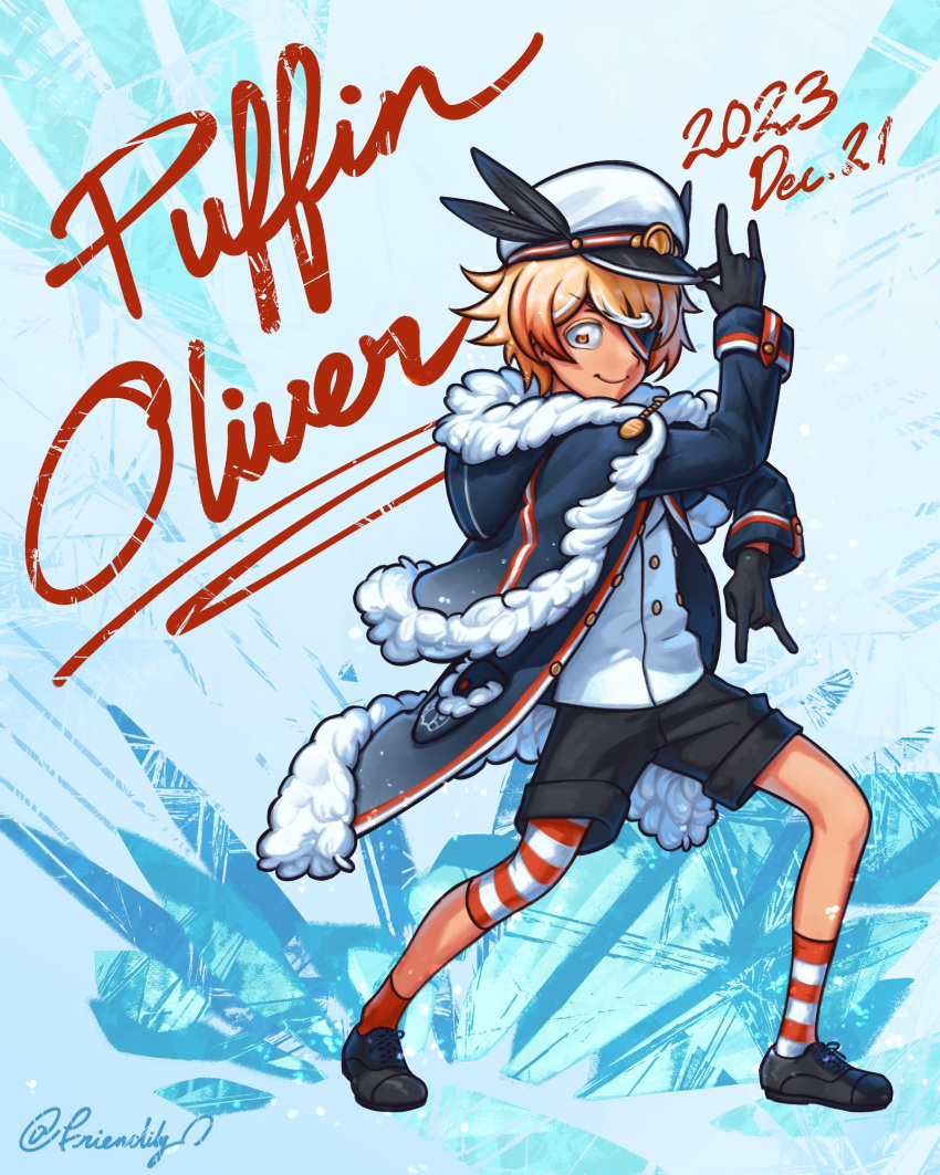 1boy, \n/, adapted_costume, adjusting_clothes, adjusting_headwear, asymmetrical_clothes, asymmetrical_legwear, black_coat, black_feathers, black_footwear, black_gloves, black_shorts, blonde_hair, blue_background, buttons, character_name, coat, commentary, cosplay, crab_print, dated, double-breasted, english_commentary, eyepatch, feathers, friendlily, full_body, fur-trimmed_coat, fur_trim, gloves, hand_up, hat, hat_feather, hatsune_miku, highres, ice_background, jacket, jojo_pose, killer_queen's_pose_(jojo), looking_at_viewer, male_focus, military_uniform, naval_uniform, oliver_(vocaloid), one_eye_covered, peaked_cap, red_socks, shorts, single_pantsleg, smile, socks, standing, striped, striped_socks, twitter_username, uniform, vocaloid, white_headwear, white_jacket, white_socks, yellow_eyes, yuki_miku, yuki_miku_(2022), yuki_miku_(cosplay)