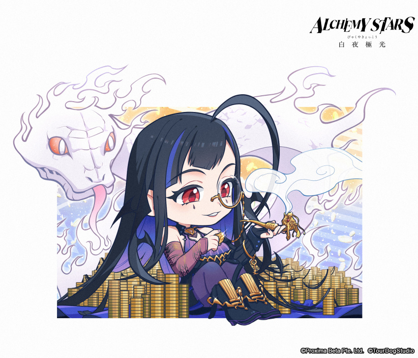 1girl, ahoge, alchemy_stars, asymmetrical_sleeves, black_footwear, black_hair, chibi, coin