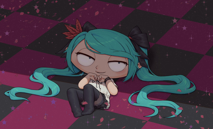 1boy, aqua_eyes, aqua_hair, black_bow, black_pantyhose, black_skirt, black_thighhighs, bow