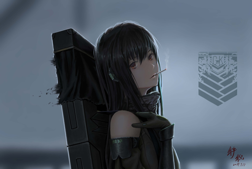 1girl, 3v_ju, absurdres, assault_rifle, bare_shoulders, breasts, brown_hair, girls_frontline