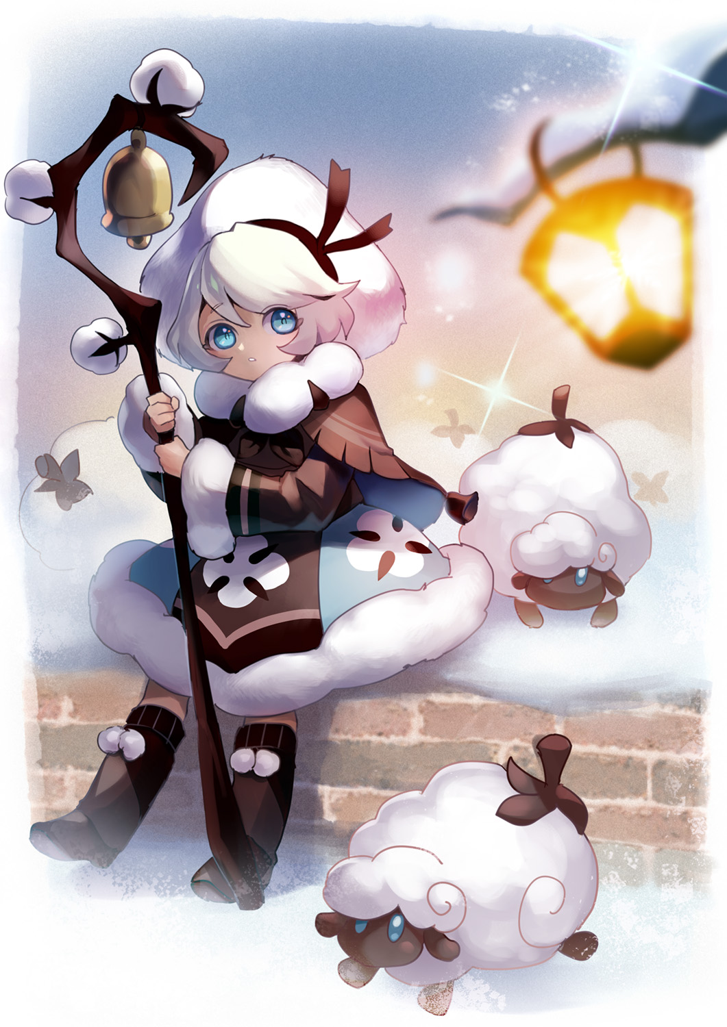 1girl, bell, black_ribbon, blue_background, blue_eyes, boots, brown_capelet, brown_dress