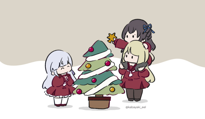 3girls, ^_^, assault_lily, black_hair, black_pantyhose, blonde_hair, blue_ribbon, blunt_bangs