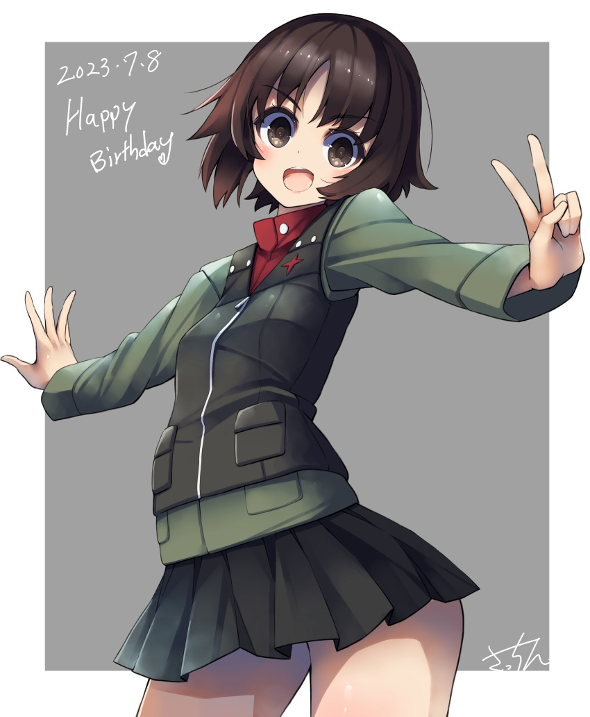 absurdres, alina_(girls_und_panzer), black_shirt, black_vest, blush, bob_cut, brown_eyes, brown_hair