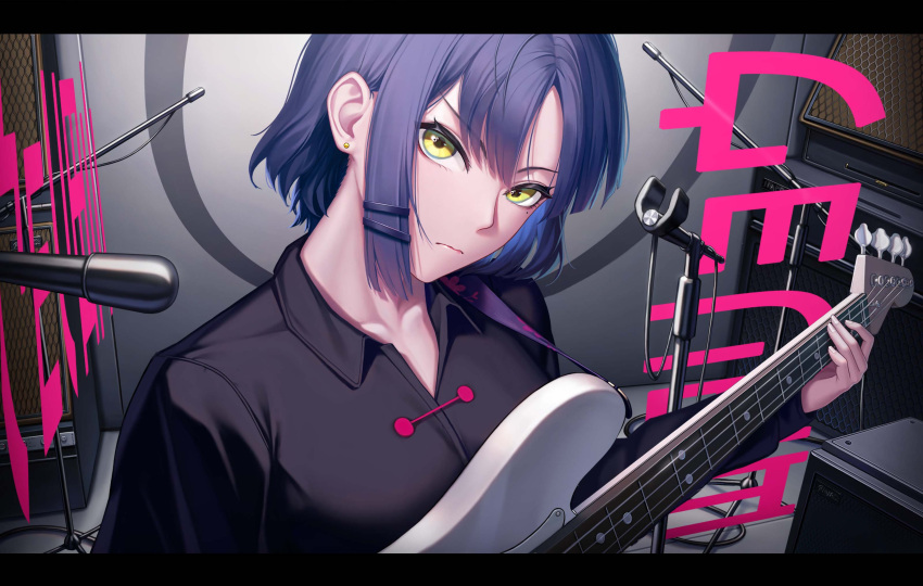 1girl, 3v_ju, absurdres, blue_hair, blue_skirt, bocchi_the_rock!, closed_mouth, cowboy_shot