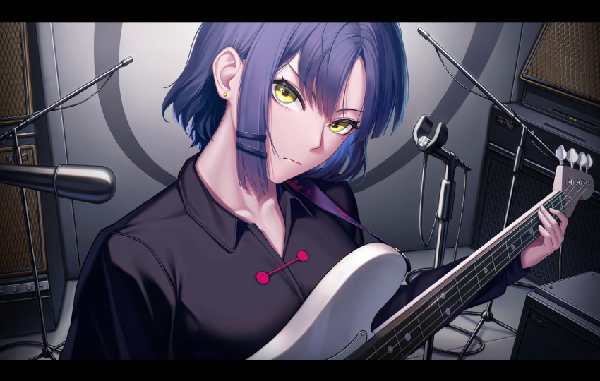 1girl, 3v_ju, absurdres, blue_hair, blue_skirt, bocchi_the_rock!, closed_mouth, cowboy_shot