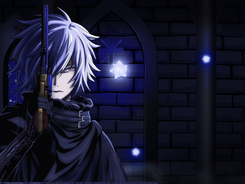 gauche_suede, grey_hair, gun, night, noir_(gauche_suede), tegami_bachi, violet_eyes, weapon