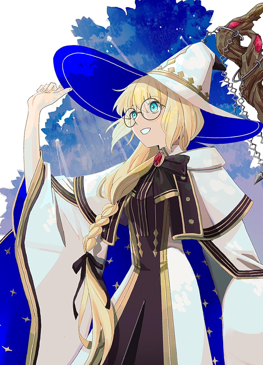 1girl, black_bow, blonde_hair, blue_eyes, bow, braid, fate/grand_order, fate_(series)