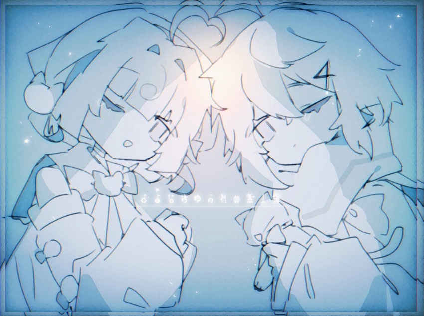 2girls, 47_c_(_honey_69), ahoge, bandaged_neck, bandages, blue_theme, blunt_bangs, bow