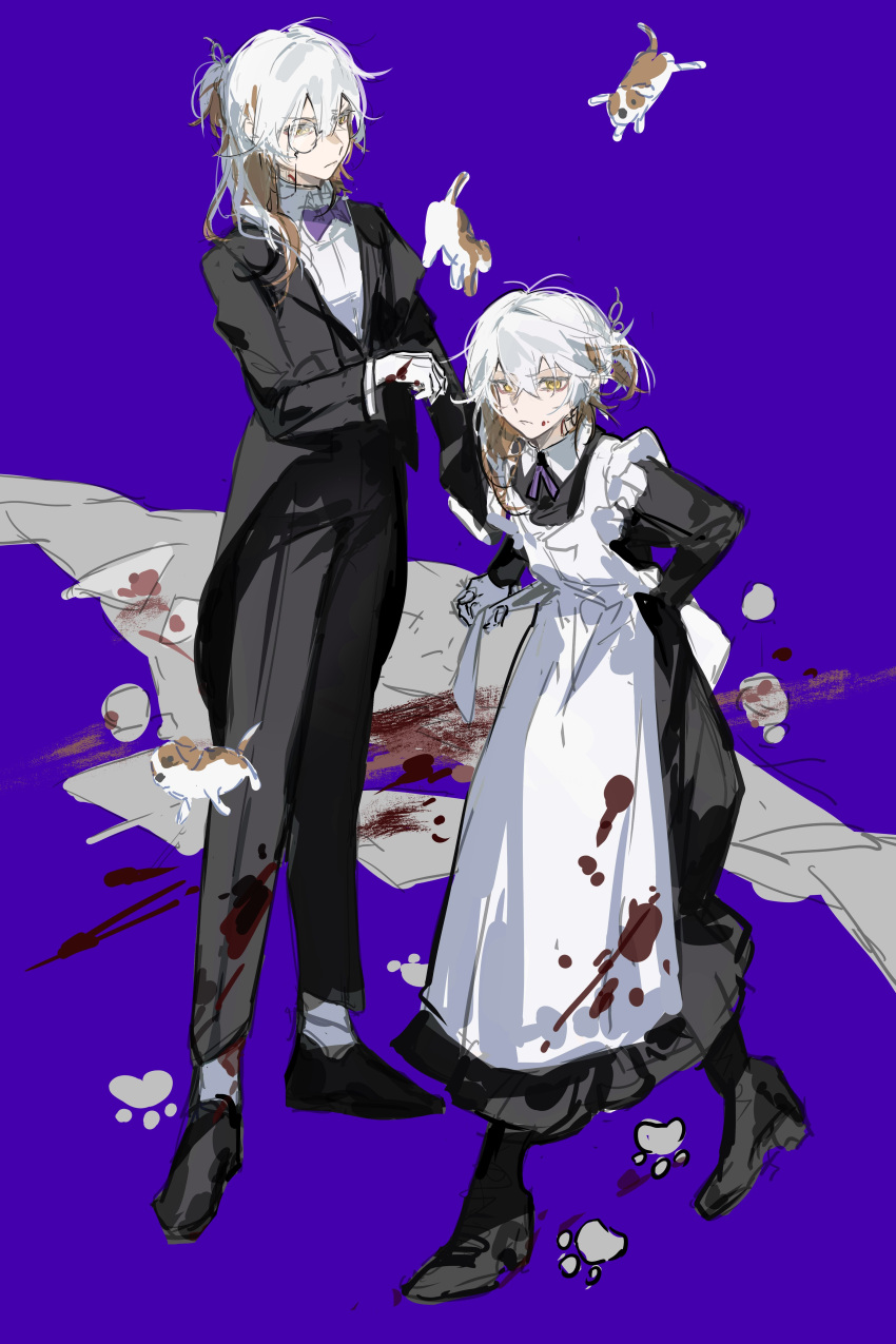 1other, absurdres, androgynous, apron, beagle, black_bow, black_bowtie, black_dress