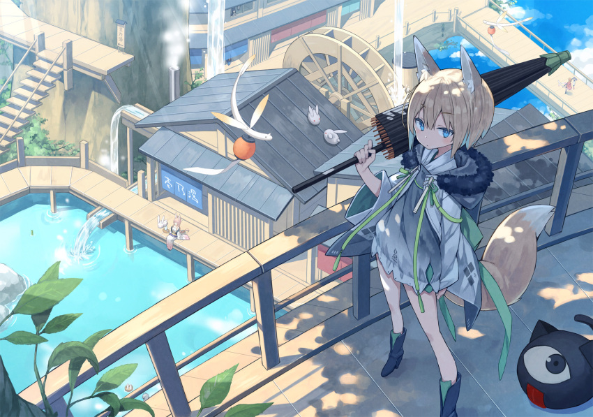 3girls, animal_ear_fluff, animal_ears, architecture, arm_at_side, black_footwear, blonde_hair, blue_eyes