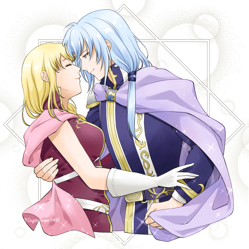 1boy, 1girl, absurdres, artist_name, blonde_hair, blue_hair, cape, closed_eyes