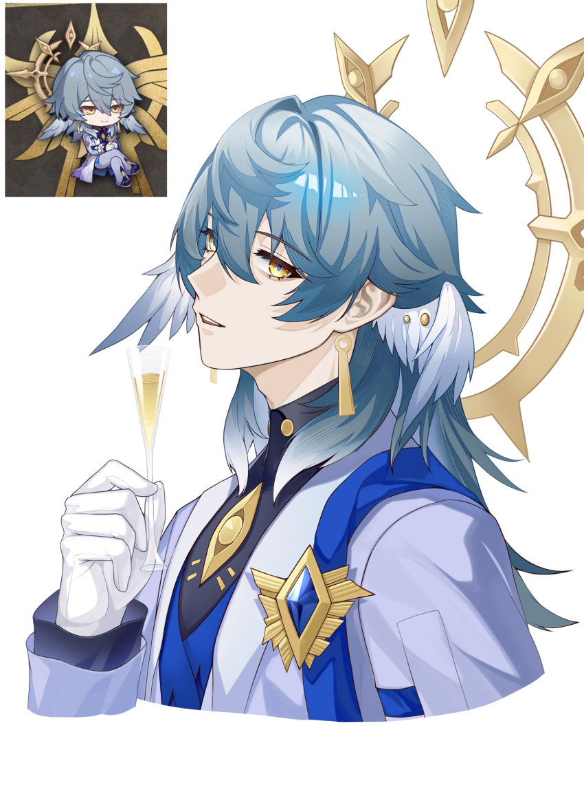 1boy, 2r-_(pixiv8168114), blue_hair, earrings, formal, gloves, hair_between_eyes, highres