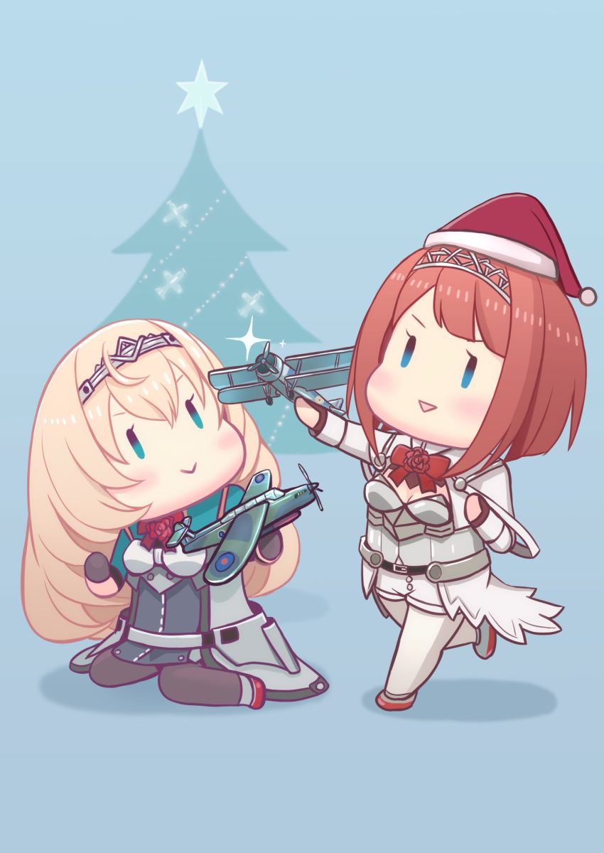 2girls, aircraft, airplane, biplane, blonde_hair, blue_background, blue_eyes, character_request