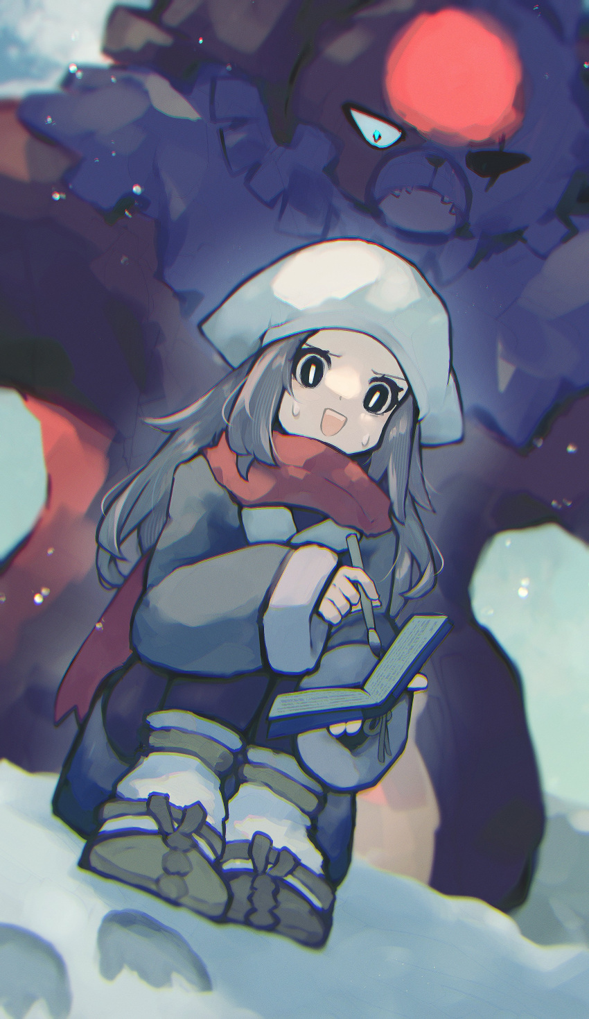 1girl, absurdres, akari_(pokemon), asatte_3z, bear, black_hair, bloodmoon_ursaluna, book