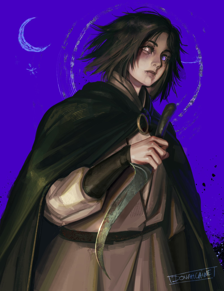 1girl, artist_name, brown_hair, cloak, crescent_moon, dovahcaine, elden_ring, gloam_eyed_queen