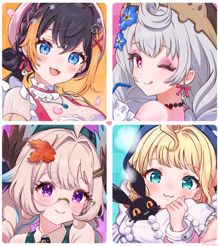 4girls, ;q, ahoge, autumn_leaves, blonde_hair, blue_eyes, blue_hair, blush
