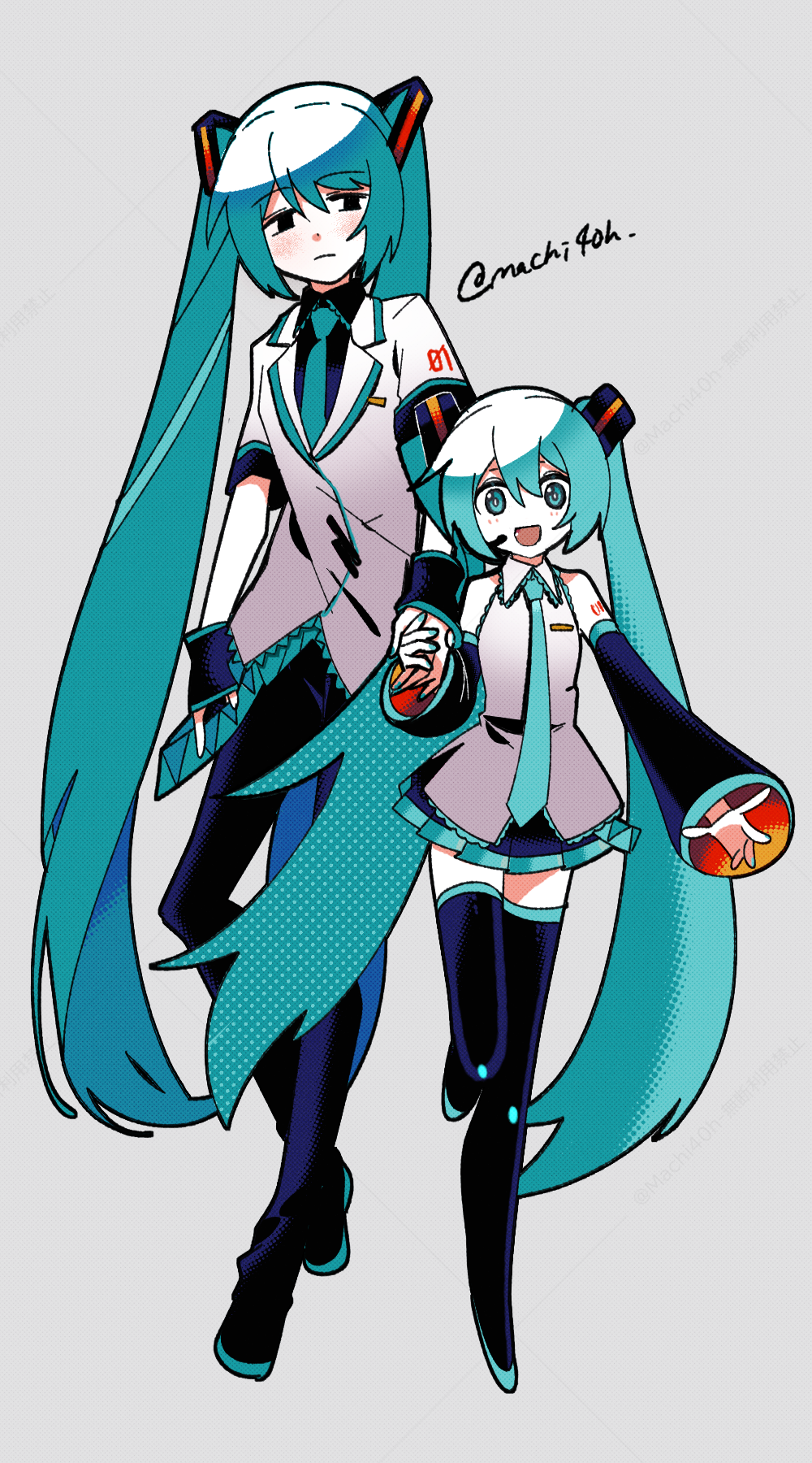 2girls, :d, adapted_costume, aqua_eyes, aqua_hair, aqua_nails, aqua_necktie, black_footwear