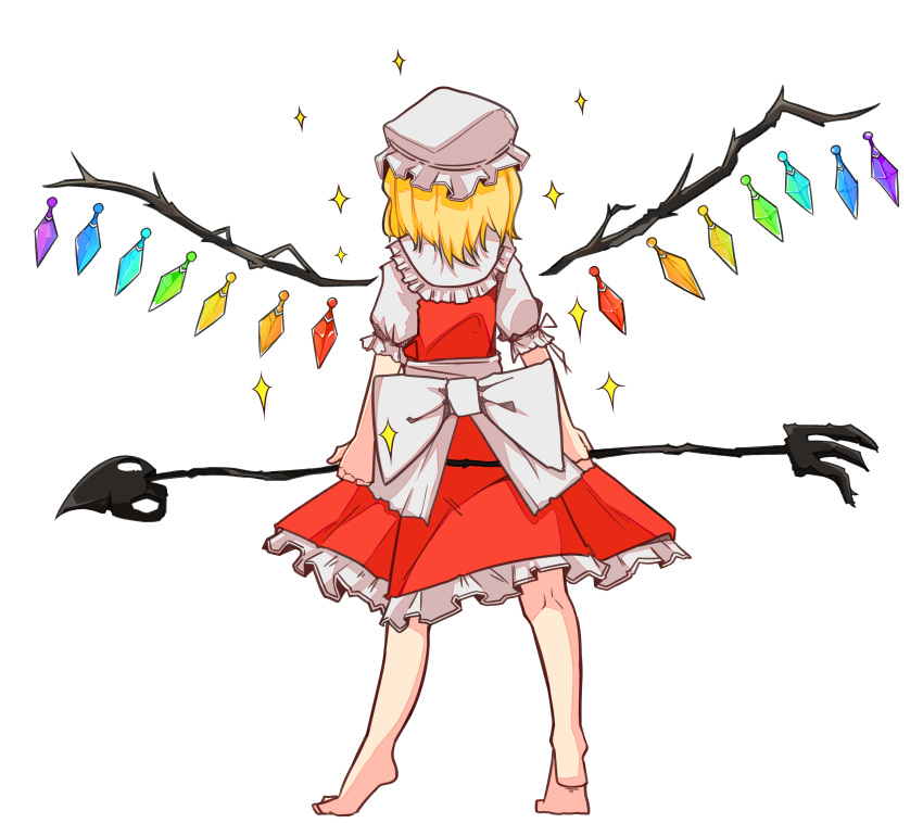 1girl, absurdres, back_bow, barefoot, blonde_hair, bow, chirpy, facing_away