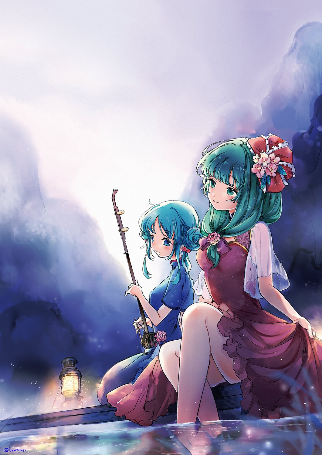 2girls, alternate_hairstyle, blue_dress, blue_eyes, blue_hair, bow, china, china_dress