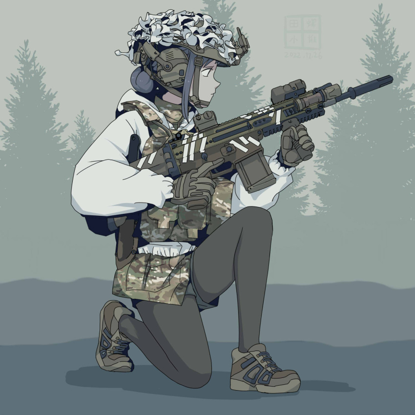 1girl, aimpoint, ammunition_pouch, assault_rifle, black_hair, black_pantyhose, boots, brown_footwear