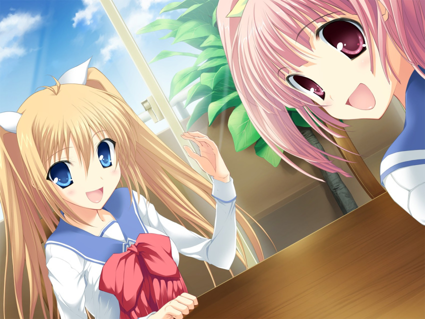 angel_navigate, blonde_hair, blue_eyes, game_cg, morino_hinako, pink_eyes, pink_hair, seifuku