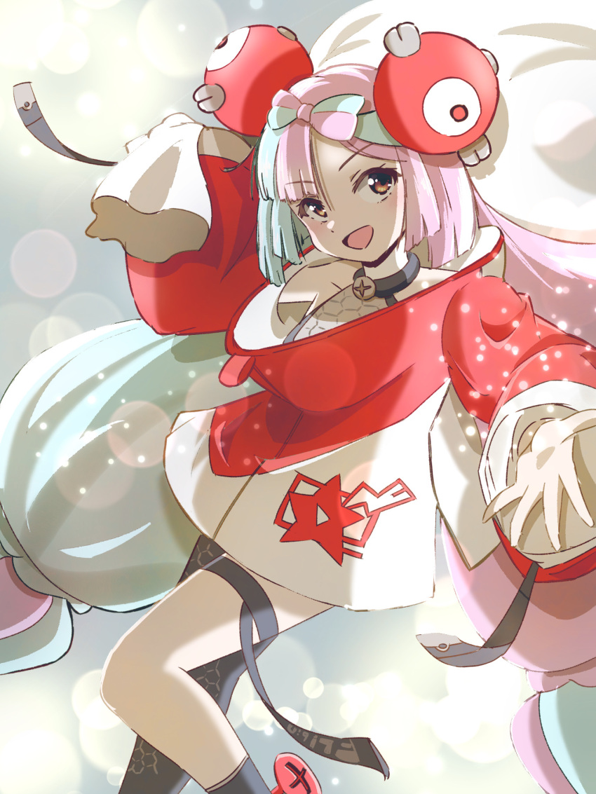 1girl, :d, alternate_color, asuka_(pixiv82529874), bow-shaped_hair, brown_eyes, character_hair_ornament, christmas