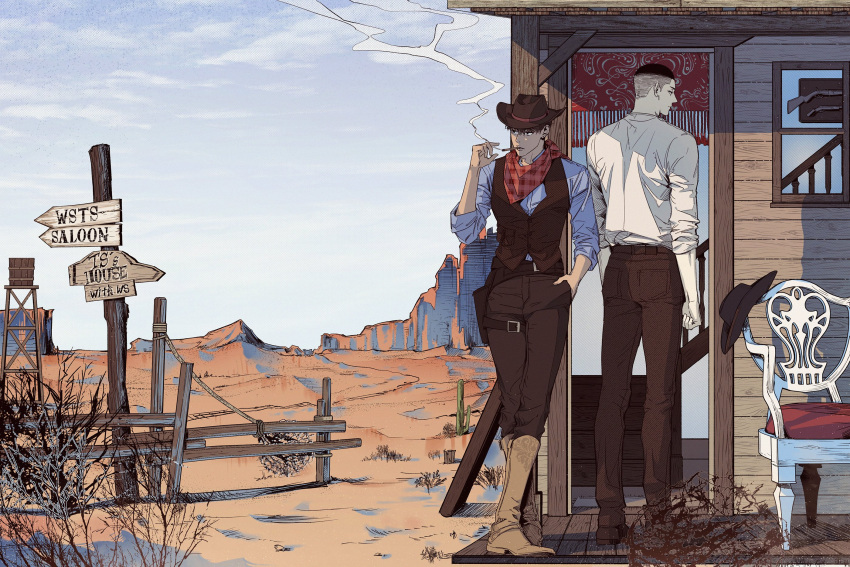 2boys, ascot, back, black_eyes, black_hair, boots, brown_eyes, brown_hair