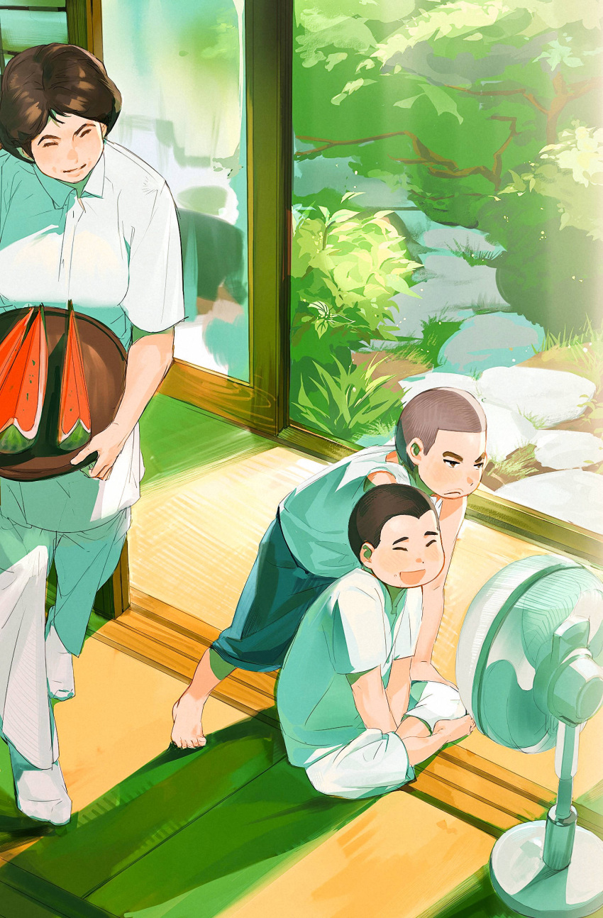 1girl, 2boys, :d, aged_down, brothers, brown_hair, buzz_cut, closed_eyes
