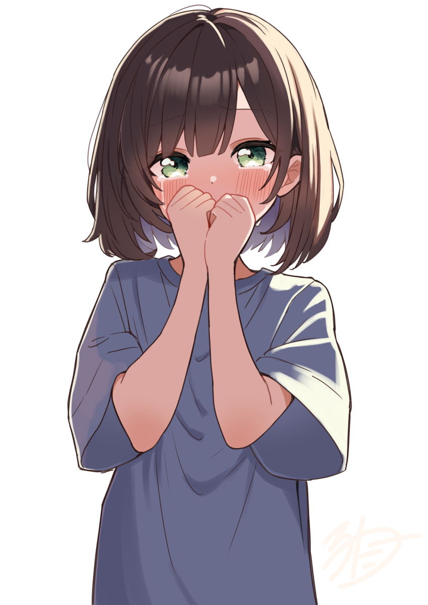 1girl, blush, brown_hair, commentary_request, covered_mouth, crying, crying_with_eyes_open, green_eyes