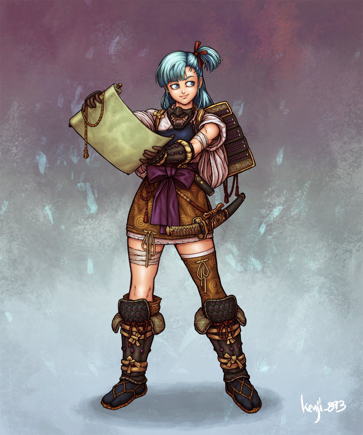 1girl, alternate_costume, armor, artist_name, asymmetrical_legwear, bandaged_arm, bandaged_leg, bandages