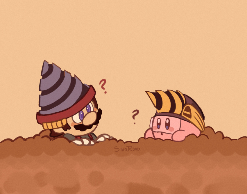 ?, blue_eyes, brown_background, colored_skin, copy_ability, crossover, drill, drill_kirby