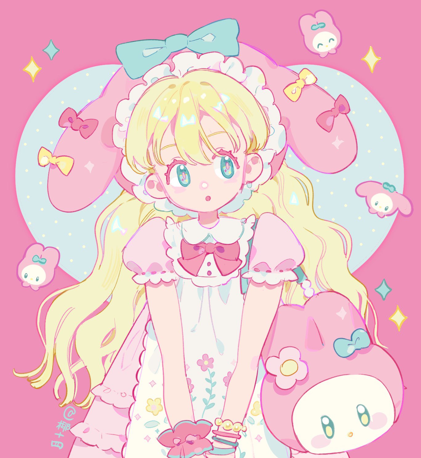1girl, animal_ear_hood, animal_ears, apron, bag, bead_bracelet, beads, blonde_hair