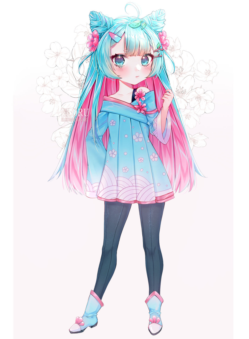 ahoge, artist_name, black_pants, blue_dress, blue_eyes, blue_footwear, blue_hair, blue_sleeves