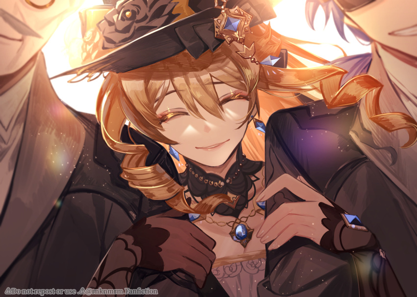 1girl, 2boys, black_flower, black_headwear, black_jacket, blue_hair, boy_sandwich, closed_eyes