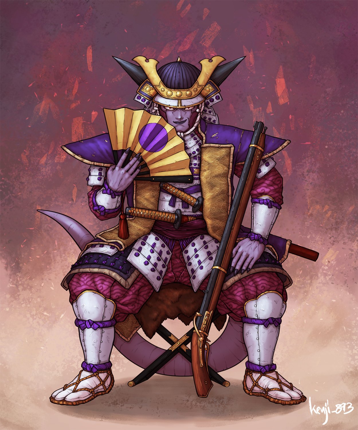1boy, alien, alternate_costume, antique_firearm, armor, artist_name, black_lips, black_nails
