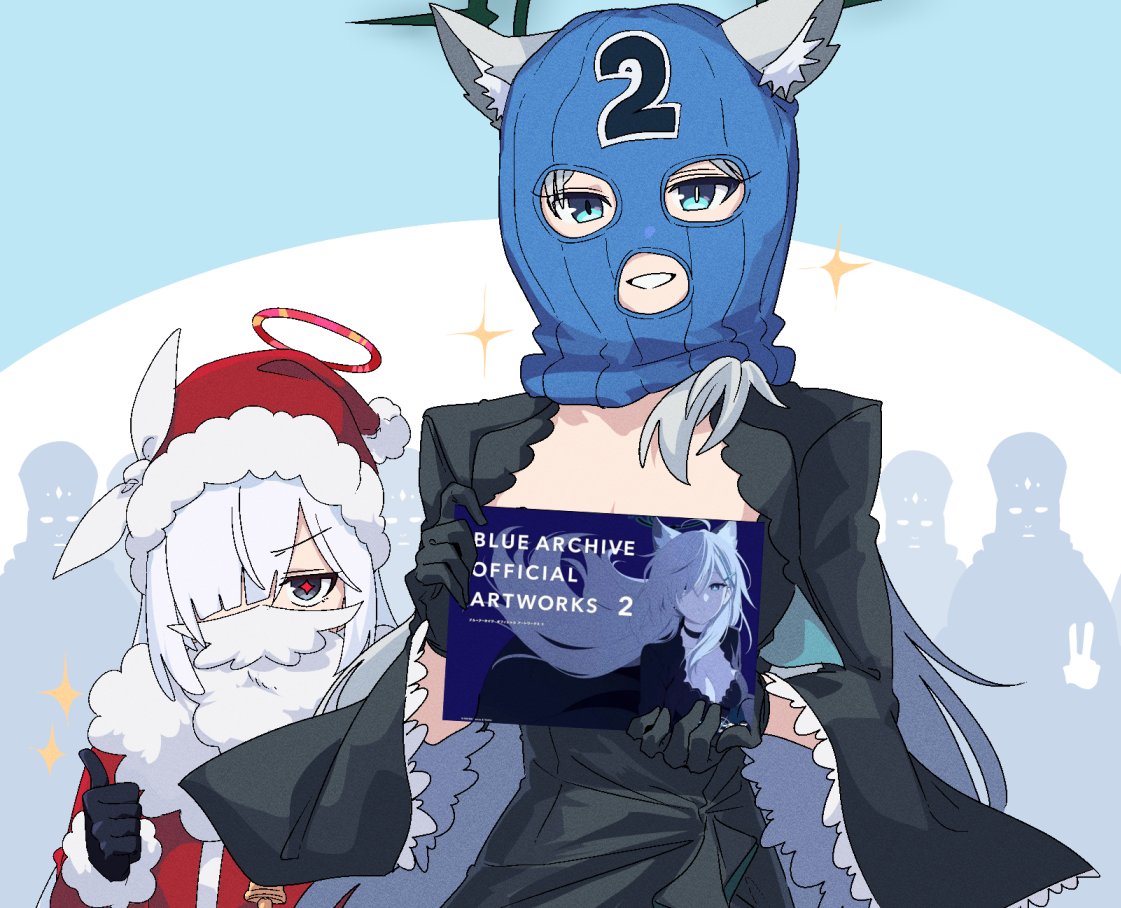 2girls, 3boys, animal_ears, aqua_eyes, balaclava, black_dress, black_eyes, black_gloves