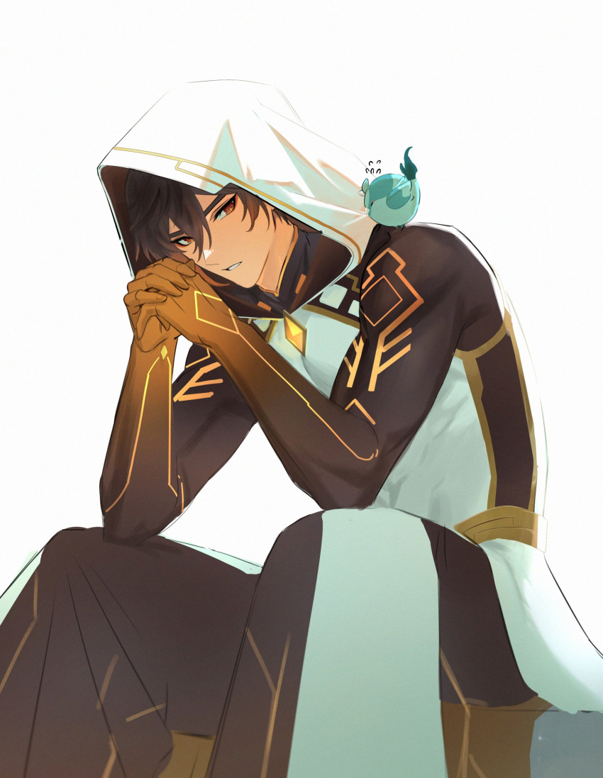 1boy, animal_on_shoulder, animalization, bird, bird_on_shoulder, brown_hair, closed_eyes, flying_sweatdrops