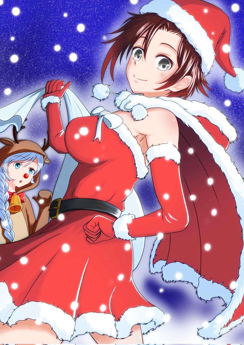 2girls, animal_costume, animal_hood, antlers, bare_shoulders, bell, belt, black_hair, blue_eyes, braid, braided_ponytail, breasts, cape, christmas, cosplay, dress, elbow_gloves, fur-trimmed_cape, fur-trimmed_dress, fur-trimmed_headwear, fur_trim, gloves, gradient_hair, grey_eyes, hair_between_eyes, hand_on_own_hip, hat, highres, holding, holding_sack, hood, kumanosigenium1, large_breasts, long_hair, looking_at_viewer, multicolored_hair, multiple_girls, neck_bell, night, night_sky, open_mouth, ponytail, red_gloves, redhead, reindeer_antlers, reindeer_costume, reindeer_hood, ruby_rose, rudolph_the_red_nosed_reindeer, rudolph_the_red_nosed_reindeer_(cosplay), rwby, sack, santa_costume, santa_dress, santa_hat, scar, scar_across_eye, short_hair, sky, sleeveless, smile, snow, snowing, thighs, weiss_schnee, white_hair