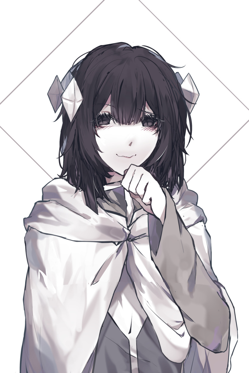 1girl, absurdres, black_eyes, black_hair, cloak, crown, etihw_(haiiro_teien), euneun