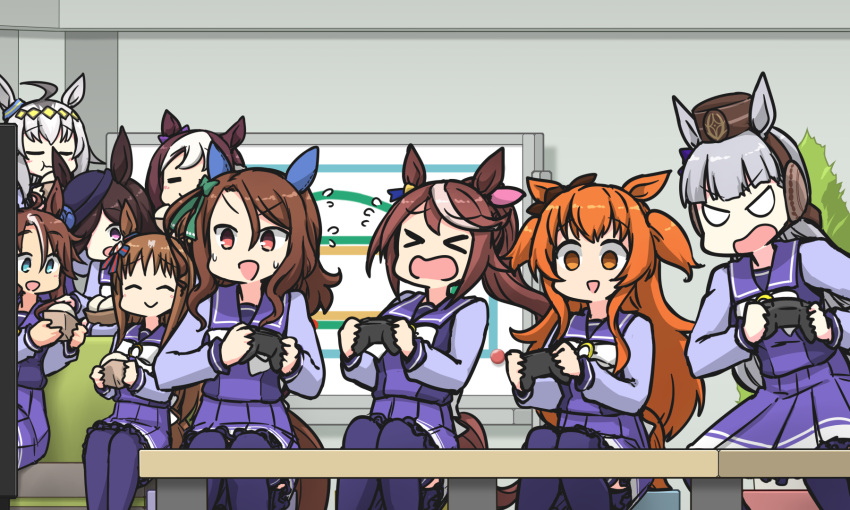 >_<, 6+girls, =_=, ^_^, ahoge, animal_ears, baozi, blue_eyes