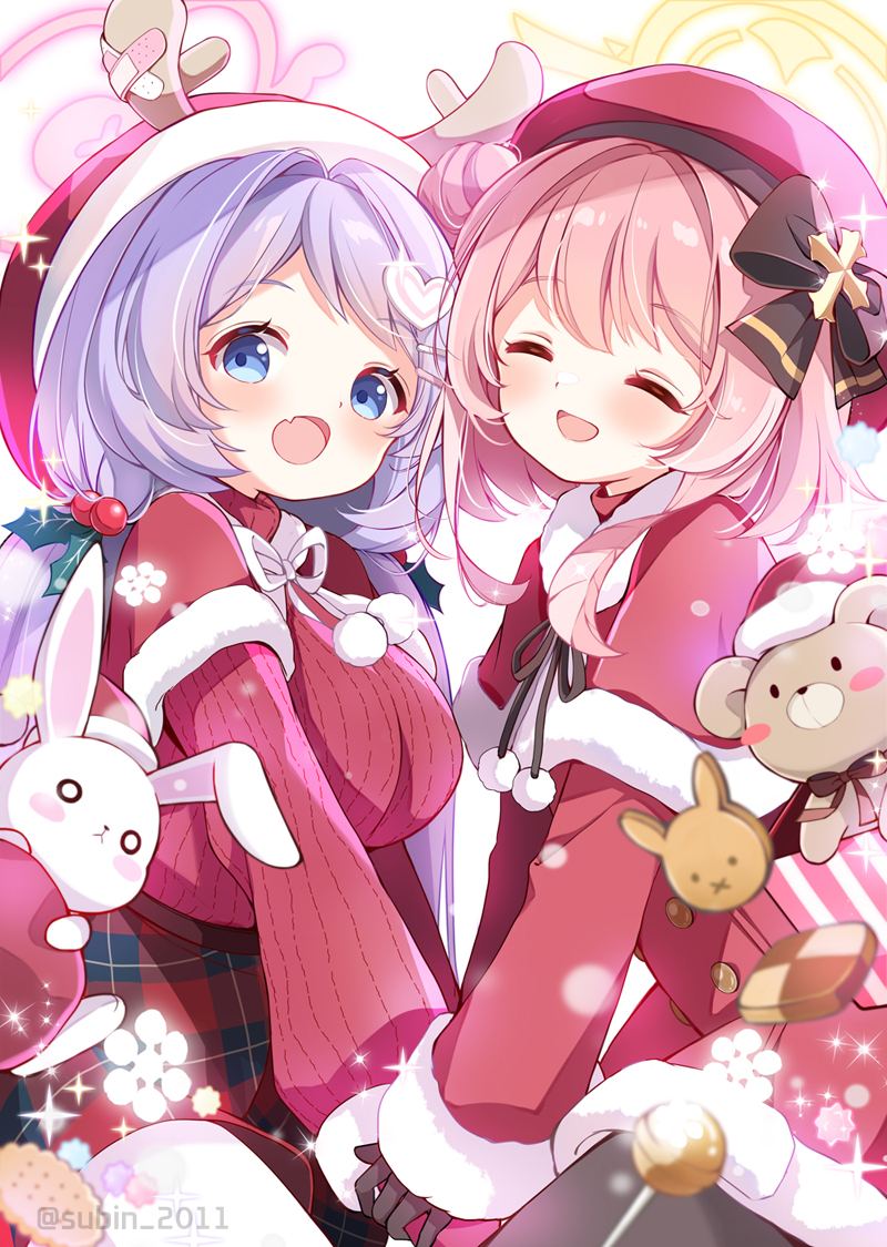 2girls, beret, black_gloves, blue_archive, blue_eyes, blush, breasts, capelet